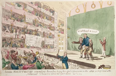 Magistrats en action se commettant, étant leur première apparition comme joué au National Theatre Covent Garden, Londres, 1809